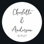 Handwritten Script Whimsical White Custom Wedding Classic Round Sticker<br><div class="desc">Handwritten Script Quirky Whimsy Wedding Custom Classic Round Sticker in Black and White</div>