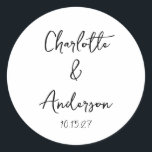 Handwritten Script Whimsical White Custom Wedding Classic Round Sticker<br><div class="desc">Handwritten Script Quirky Whimsy Wedding Custom Classic Round Sticker in Black and White</div>