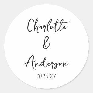Handwritten Script Whimsical White Custom Wedding Classic Round Sticker