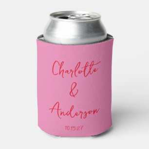 Handwritten Script Whimsy Pink Red Custom Wedding Can Cooler