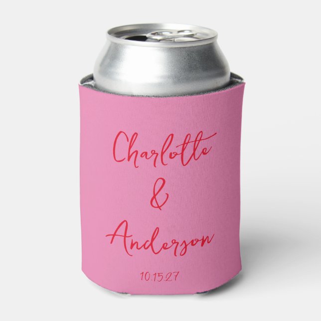 Handwritten Script Whimsy Pink Red Custom Wedding Can Cooler (Can Front)