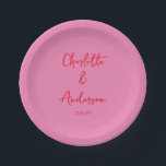 Handwritten Script Whimsy Pink Red Custom Wedding Paper Plate<br><div class="desc">Handwritten Script Quirky Whimsy Wedding Custom Paper Plates in Pink and Red</div>