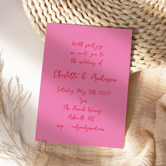 Handwritten Script Whimsy Pink Red Wedding Invitation (Creator Uploaded)