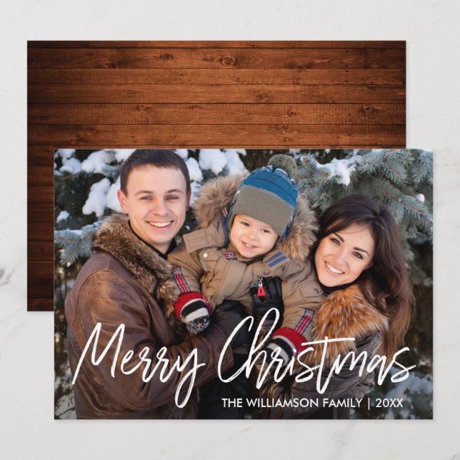 Handwritten Script Wood Christmas Family Photo Holiday Card (Front/Back)