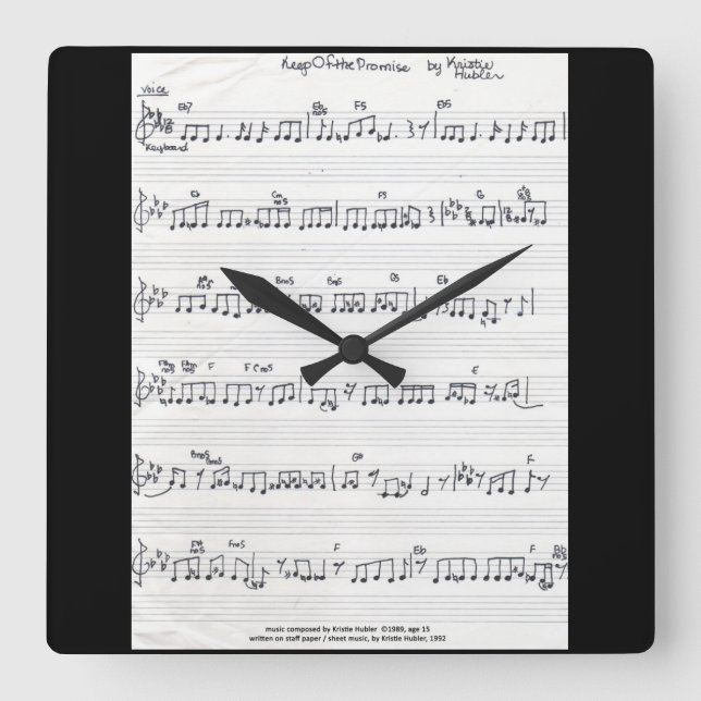 Handwritten Sheet Music square wall clock (Front)
