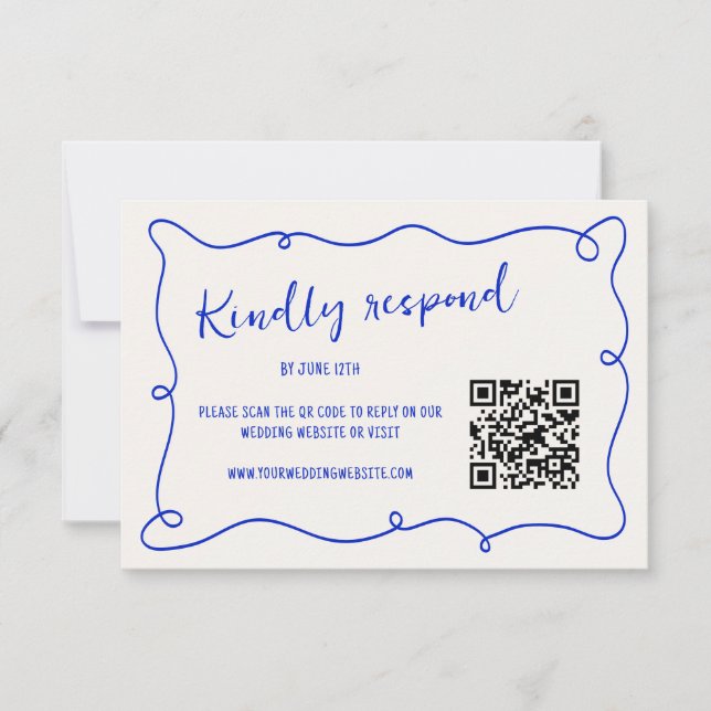 Handwritten Squiggle Frame Blue Wedding RSVP Card (Front)