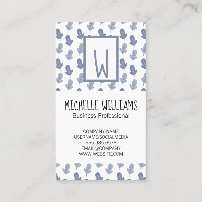 Handwritten Style Monogram | Leaf Pattern Business Card (Front)