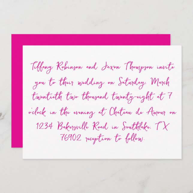 Handwritten Style White and Hot Pink Wedding Invitation (Front/Back)