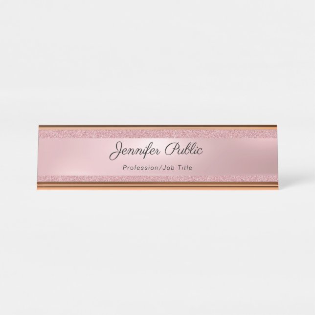 Handwritten Text Elegant Rose Gold Glitter Modern Desk Name Plate (Front)