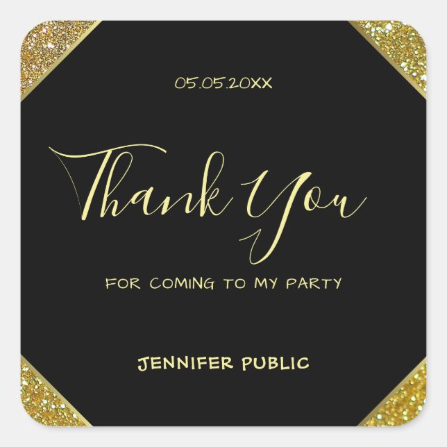 Handwritten Thank You Script Text Gold Glitter Top Square Sticker (Front)