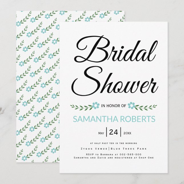 Handwritten typography aqua bridal shower wedding invitation (Front/Back)