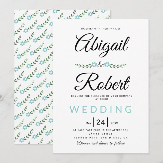 Handwritten typography aqua flowers simple wedding invitation (Front/Back)