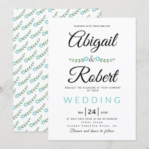 Handwritten typography aqua flowers simple wedding invitation