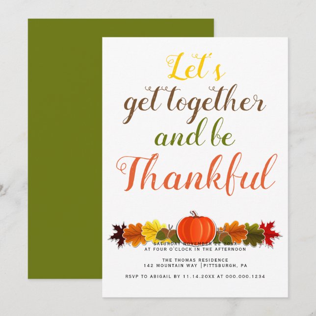 Handwritten typography pumpkin leaves Thanksgiving Invitation (Front/Back)
