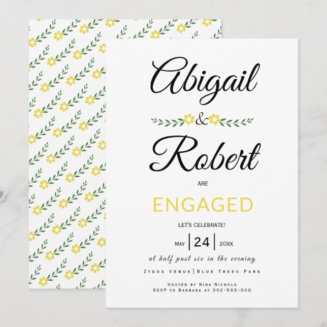 Handwritten typography yellow flowers engagement invitation (Front/Back)