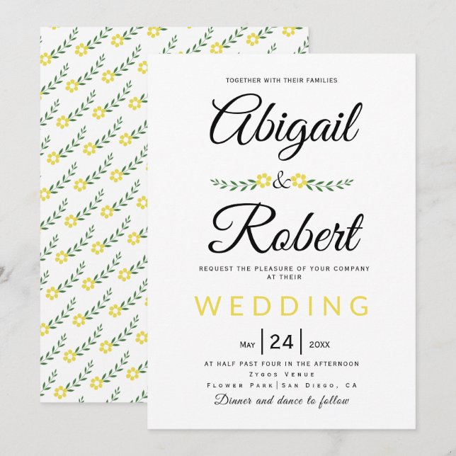 Handwritten typography yellow flowers wedding invitation (Front/Back)