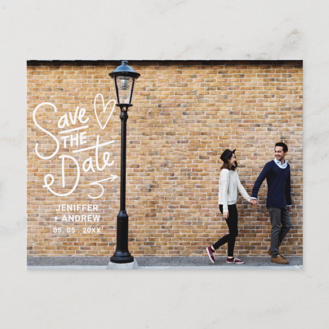 Handwritten wall script save the date Photo Postcard (Front)