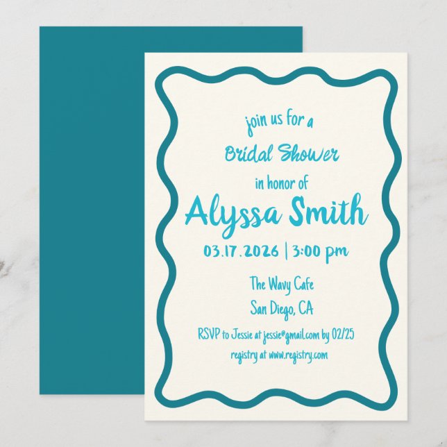 Handwritten Wavy Border Retro Teal Bridal Shower Invitation (Front/Back)