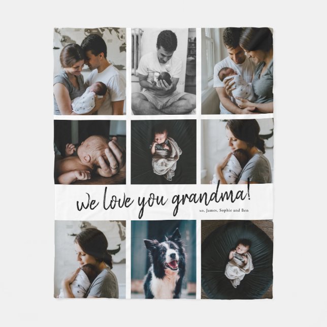 Handwritten We Love You Grandma 9 Photo  Fleece Blanket (Front)