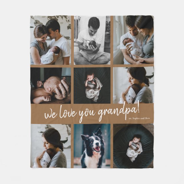 Handwritten We Love You Grandpa 9 Photo Collage Fleece Blanket (Front)