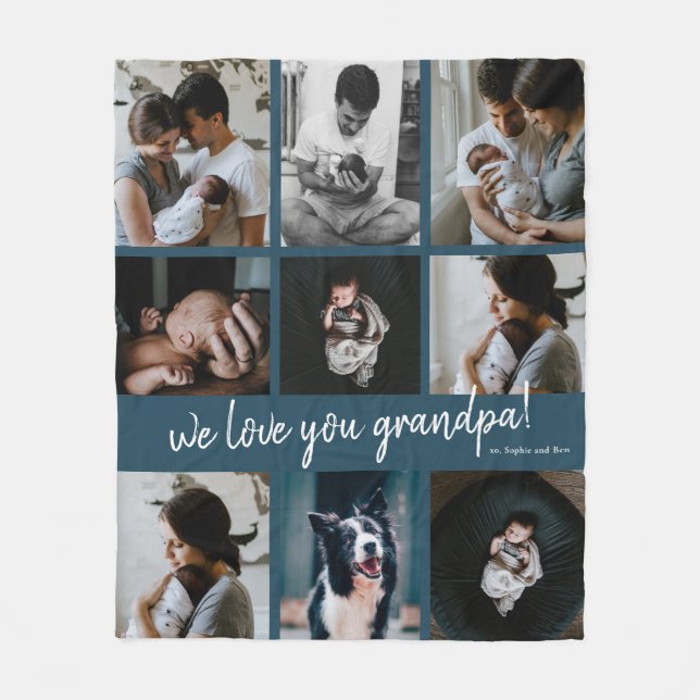 Handwritten We Love You Grandpa 9 Photo Fleece Blanket (Front)