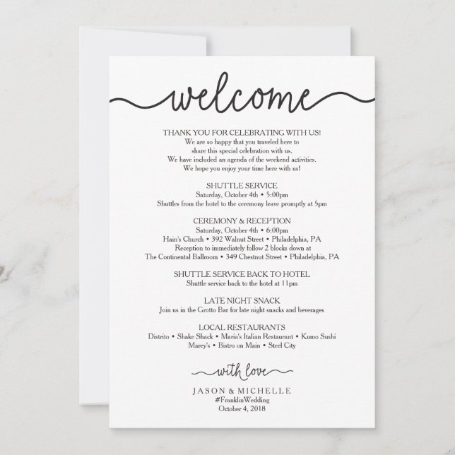 Handwritten Wedding Itinerary - Wedding Welcome (Front)