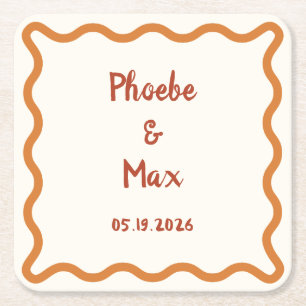 Handwritten Whimsical Wavy Border 70s Wedding  Square Paper Coaster
