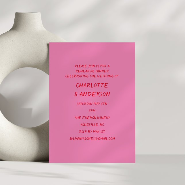 Handwritten Whimsy Pink and Red Rehearsal Dinner Invitation (Creator Uploaded)