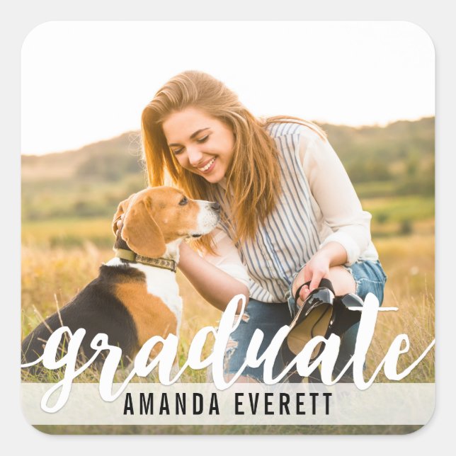 Handwritten White | Graduation Photo Square Sticker (Front)