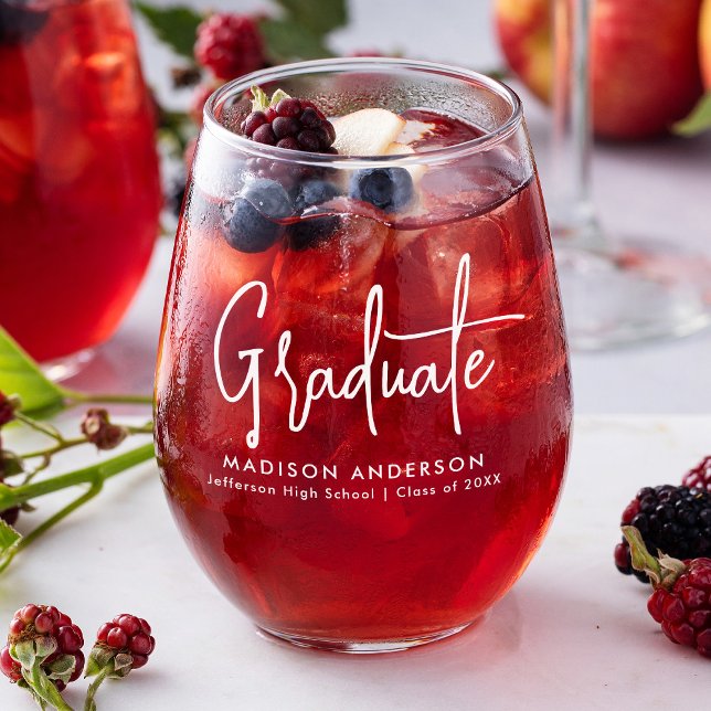 Handwritten White Script Graduation Stemless Wine Glass (Creator Uploaded)