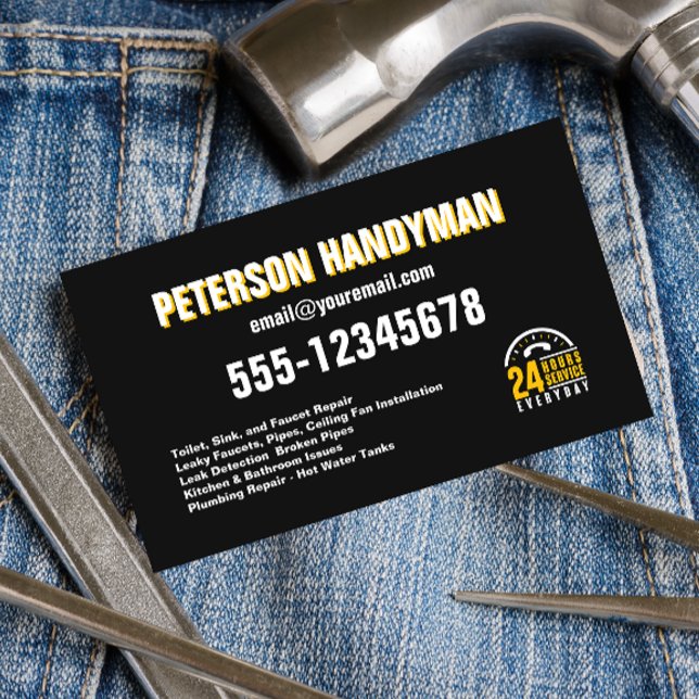 HANDYMAN 24 HOUR EMERGENCY BLACK YELLOW BUSINESS CARD (Creator Uploaded)