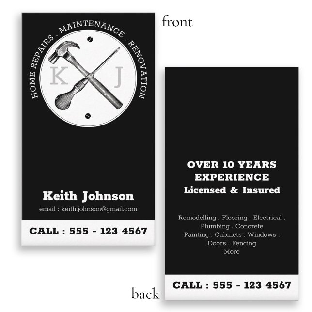 Handyman Black Professional Custom Monogram Logo Business Card (Creator Uploaded)