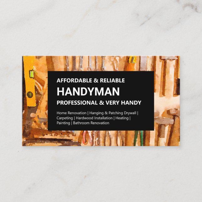 Handyman Business Card - Tools Wall on Black (Front)