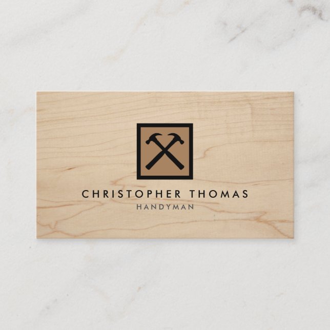 Handyman, Carpenter, Builder Brown Logo on Wood Business Card (Front)