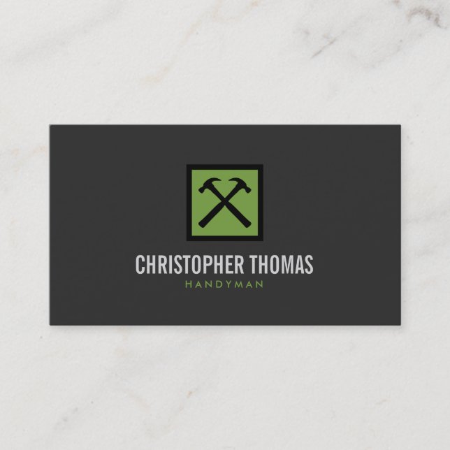 Handyman, Carpenter, Builder Green Logo on Grey Business Card (Front)