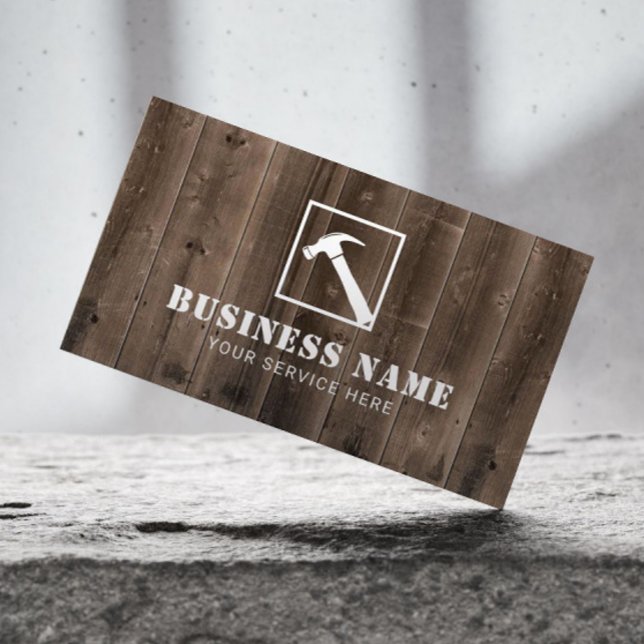 Handyman Carpenter Hammer Logo Rustic Wood Business Card (Creator Uploaded)