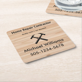 Handyman Contractor Rustic Wood Hammer Logo Square Paper Coaster
