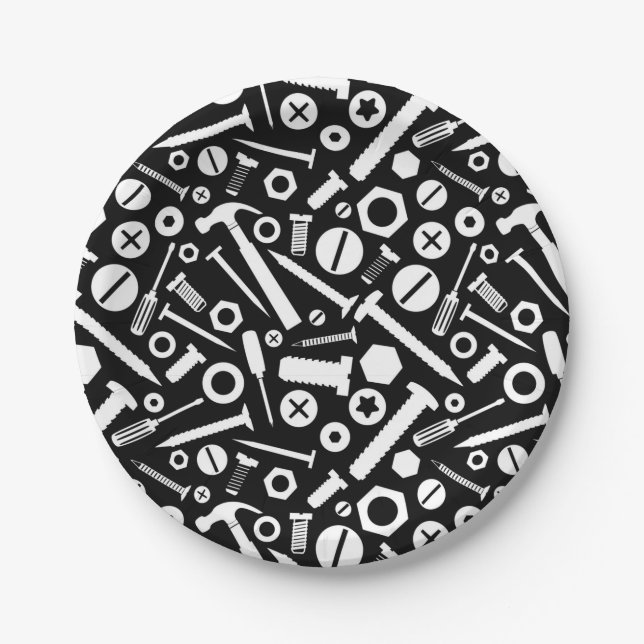 Handyman DIY Mister Fixit Hammer Nuts Bolts Tools Paper Plate (Front)