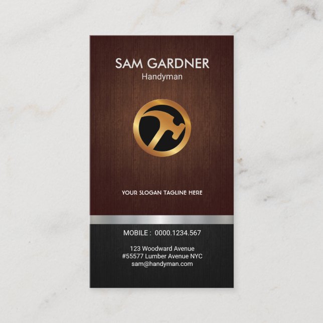 Handyman Fine Wood Grain Gold Hammer Logo Business Card (Front)