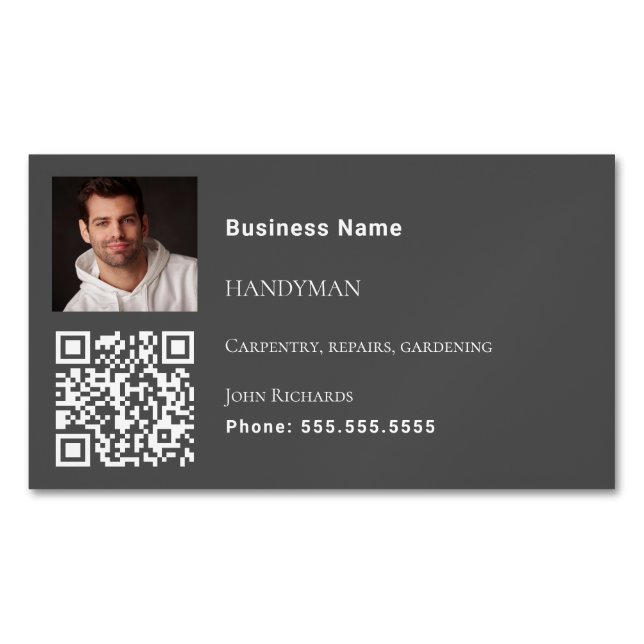Handyman grey photo QR code Magnetic Business Card (Front)