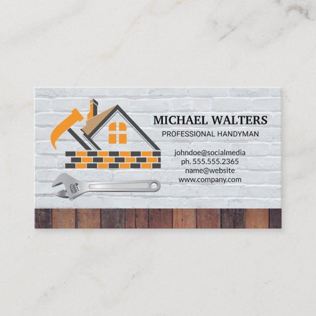 Handyman Hardware Tools | Wood Brick Wall Business Card (Front)