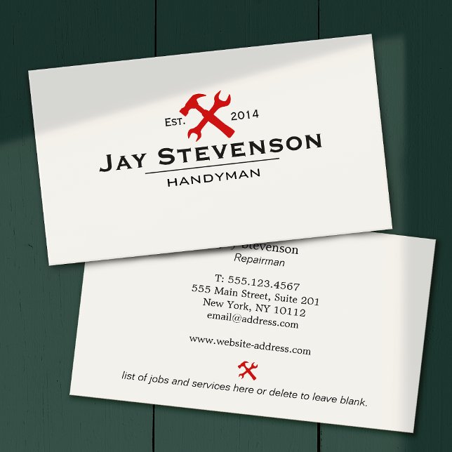 Handyman Home Repair Red Hammer and Wrench Logo Business Card (Creator Uploaded)