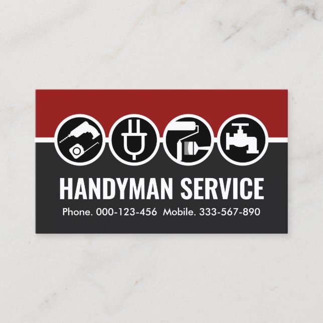 Handyman Icons On Red Grey Layers Business Card (Front)
