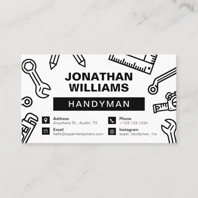 Handyman, Minimal & Modern, Black & White Business Card (Front)