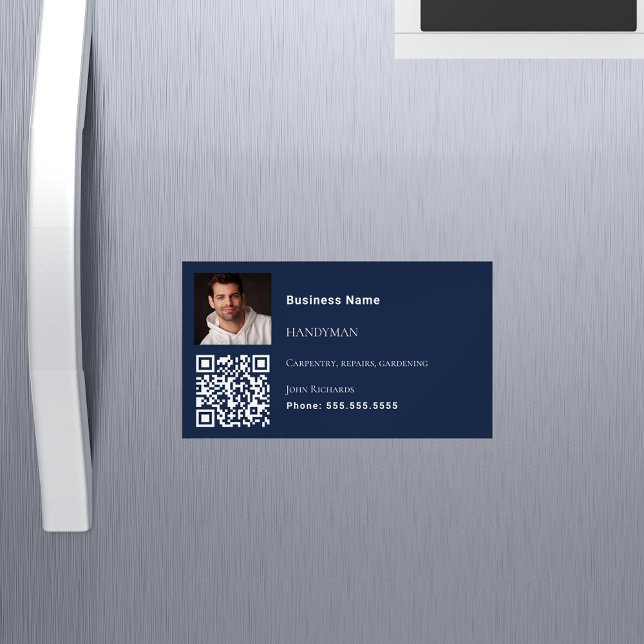 Handyman navy blue photo QR code Magnetic Business Card (Creator Uploaded)