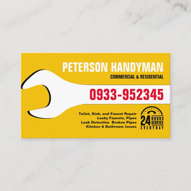 HANDYMAN PLUMBING 24 HOUR EMERGENCY WRENCH TOOL BUSINESS CARD (Front)