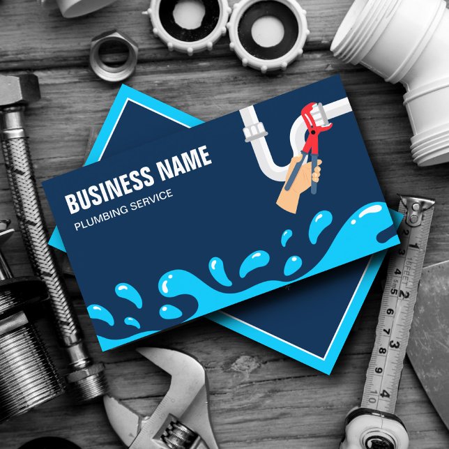 Handyman Plumbing Water Pipe Navy Blue Plumber Business Card (Creator Uploaded)