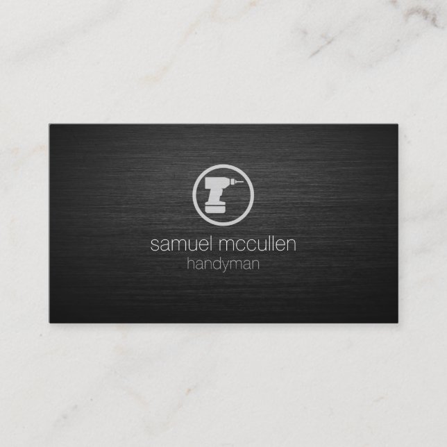 Handyman Power Drill Icon Brushed Metal Skills Business Card (Front)