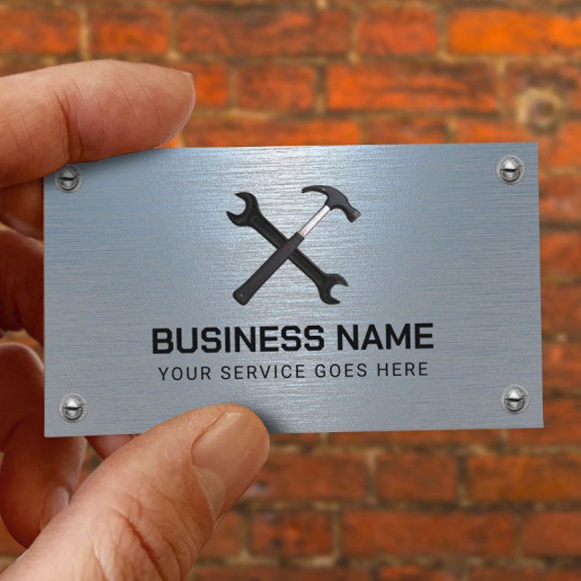Handyman Repair Maintenance Service Blue Metal Business Card (Creator Uploaded)