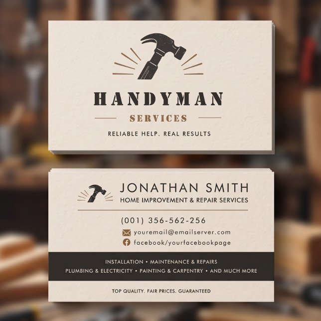 Handyman Rustic Cream Hammer Custom Business Card (Handyman Rustic Cream Hammer Custom Business Card)